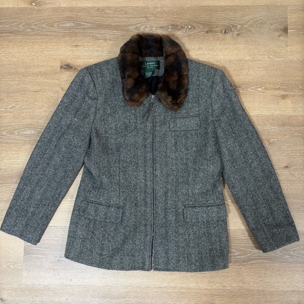 Lauren Ralph Lauren Silk Wool Jacket Womens Petit Zip Up Fur Collar Pockets